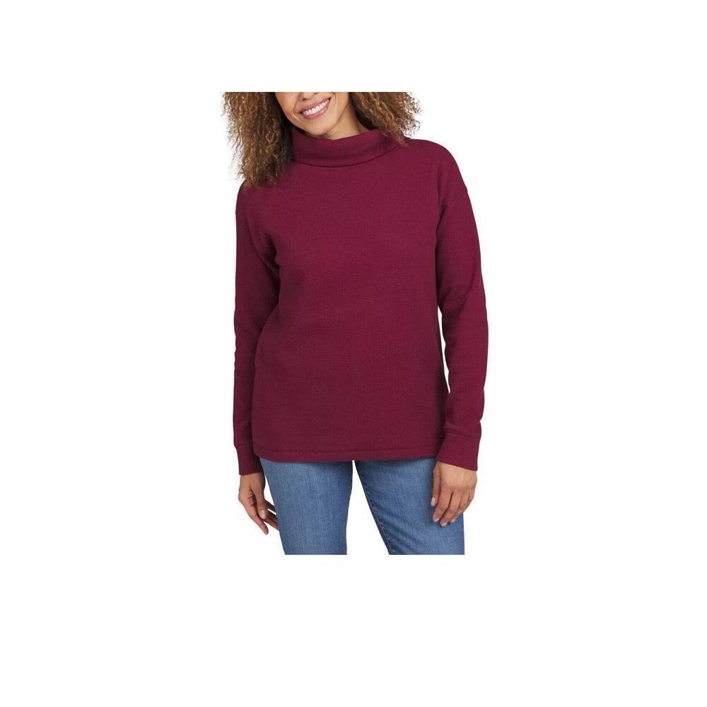 Lands' End Women's Long-Sleeve Waffle Funnel Neck Top, Red, Size L. AZ